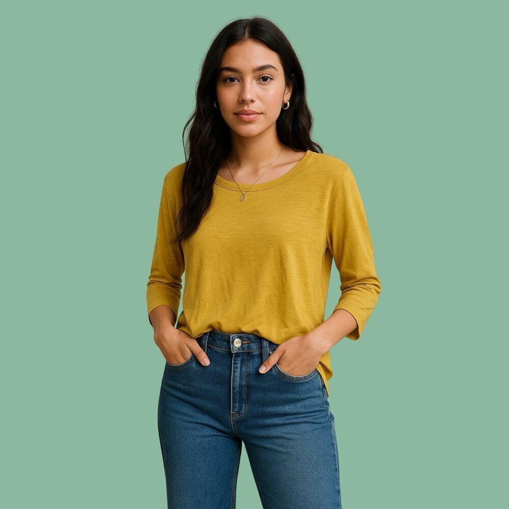 ✨ Kirkland Signature Mustard Yellow 100% Cotton 3/4 Sleeve Top | Size M